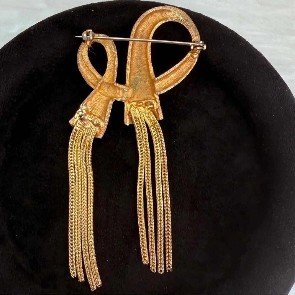 Vintage Gold Tone Double Bow Tassel Chain Brooch Textured Statement Pin